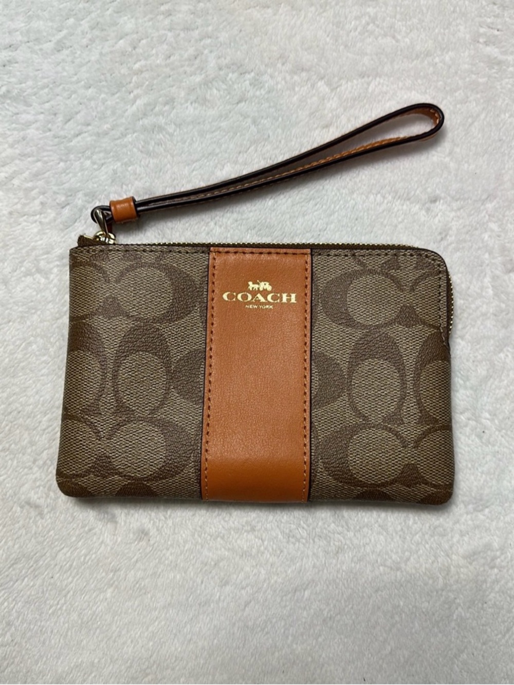 Coach Brown Signature Canvas Wristlet with Saddle Leather Stripe
